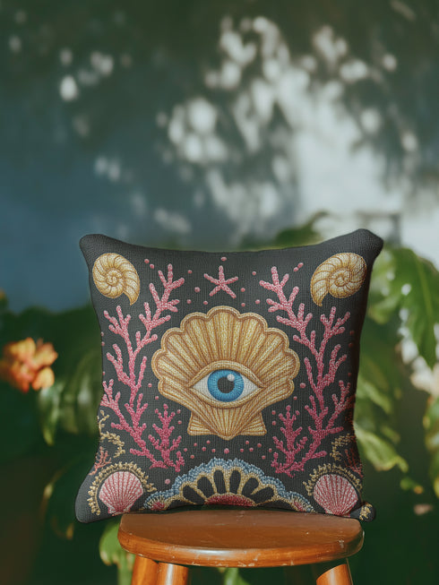 A square decorative pillow cover in a dark charcoal gray with a linen-feel texture. The design features a surrealist, mystical, and nautical goth motif. In the center is a large, golden scallop shell containing a realistic blue and white human eye, serving as an all-seeing eye or protection talisman. The shell is flanked by intricate, embroidered-style pink and red coral branches. The design is bordered by ammonite fossils and smaller seashells, creating dark academia and sea witch aesthetic.
