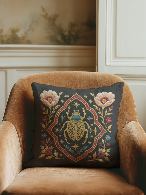 A square, dark charcoal pillow cover with a linen-feel texture, featuring an intricate, embroidered-style design. At the center, a large Egyptian scarab beetle in gold and turquoise is framed by a red and gold quatrefoil border. Symmetrical blush-pink poppies and smaller blue and red flowers with golden foliage flank the central motif, creating a lush botanical scene. Small celestial stars in gold and blue are scattered, adding a mystical, celestial element to this piece of dark academia decor.