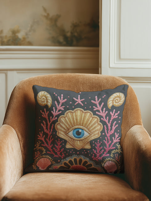 A square decorative pillow cover in a dark charcoal gray with a linen-feel texture. The design features a surrealist, mystical, and nautical goth motif. In the center is a large, golden scallop shell containing a realistic blue and white human eye, serving as an all-seeing eye or protection talisman. The shell is flanked by intricate, embroidered-style pink and red coral branches. The design is bordered by ammonite fossils and smaller seashells, creating dark academia and sea witch aesthetic.