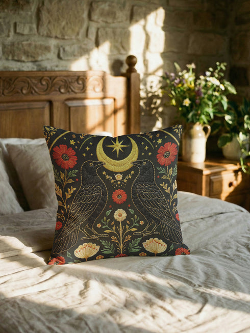 A square decorative pillow cover by Grimoire and Goblet featuring a symmetrical Dark Academia design on a charcoal background. Two black crows face each other beneath a gold crescent moon and eight-pointed star. The birds are flanked by rust-red and cream botanical flowers with sage green leaves. The artwork mimics the look of textured embroidery but is a smooth 2D print. The design is mirrored on both sides. Perfect for gothic decor.