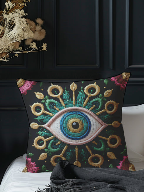 Square throw pillow cover featuring an intricate embroidered-style all-seeing eye motif at center, surrounded by ornate golden sunflowers, green foliage, and mystical botanical elements on a matte black background. Luxe linen-feel polyester fabric, hidden zipper, double-sided print, available in 18x18 or 22x22 inch sizes.