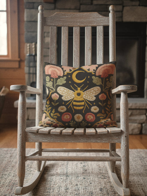 A square black pillow cover made from a pre-shrunk polyester fabric with a soft, linen-like texture. The double-sided, high-fidelity print features a large, central bee with intricate gold and white faux-embroidery on its wings and striped body. Directly above the bee is a golden crescent moon with small stars. The central design is framed by a symmetrical border of botanical elements, including pink thistle-like flowers, white and red daisies, and green leaves.