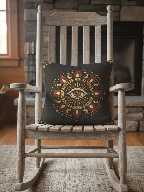 Grimoire and Goblet Cosmic Eye throw pillow cover featuring a high-fidelity print of a mystical all-seeing eye. The central eye is electric blue with radiating ethereal light beams and white stars against a deep twilight purple background. The design mimics the visual texture of intricate embroidery but has a smooth, soft finish. Double-sided celestial pattern on premium polyester fabric with a hidden zipper. A luxury decorative cushion for Dark Academia, Whimsigoth, and Gothic decor.