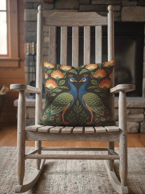 Close up of Grimoire and Goblet peacock pillow cover featuring a high-fidelity faux embroidery print. The design showcases two symmetrical peacocks in midnight charcoal and antique gold, facing each other in a medallion layout surrounded by rust and cream floral vines. The image details the printed illusion of hand-stitched tapestry texture on smooth, soft polyester fabric. Ideal for Dark Academia, Whimsigoth, and Art Nouveau vintage home decor styles. Double-sided print with hidden zipper.