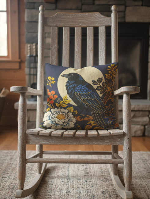 Grimoire and Goblet pillow cover featuring a black raven perched on vintage leather books. The design uses a faux embroidery effect printed on smooth premium polyester fabric. Dark academia aesthetic with moody navy, sepia, and gold tones. Detail shows linen-like texture of the fabric and the hidden zipper closure. Perfect for gothic home decor, reading nooks, or library accents.