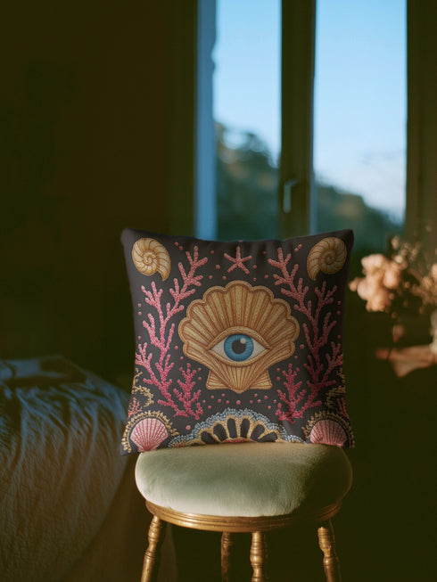 A square decorative pillow cover in a dark charcoal gray with a linen-feel texture. The design features a surrealist, mystical, and nautical goth motif. In the center is a large, golden scallop shell containing a realistic blue and white human eye, serving as an all-seeing eye or protection talisman. The shell is flanked by intricate, embroidered-style pink and red coral branches. The design is bordered by ammonite fossils and smaller seashells, creating dark academia and sea witch aesthetic.