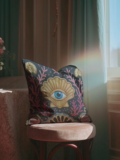 A square decorative pillow cover in a dark charcoal gray with a linen-feel texture. The design features a surrealist, mystical, and nautical goth motif. In the center is a large, golden scallop shell containing a realistic blue and white human eye, serving as an all-seeing eye or protection talisman. The shell is flanked by intricate, embroidered-style pink and red coral branches. The design is bordered by ammonite fossils and smaller seashells, creating dark academia and sea witch aesthetic.
