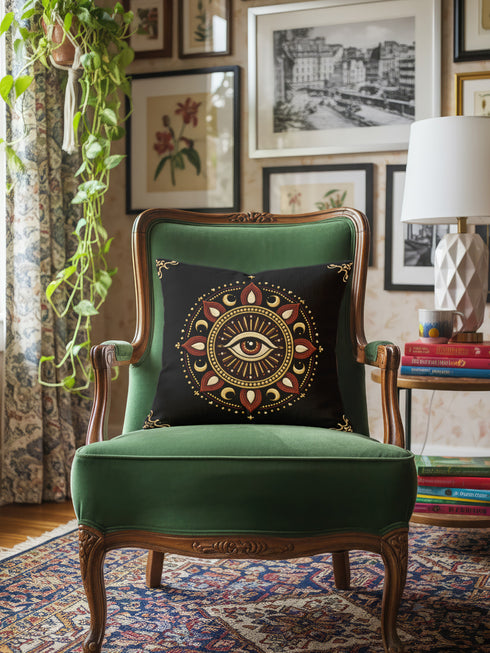 Grimoire and Goblet Cosmic Eye throw pillow cover featuring a high-fidelity print of a mystical all-seeing eye. The central eye is electric blue with radiating ethereal light beams and white stars against a deep twilight purple background. The design mimics the visual texture of intricate embroidery but has a smooth, soft finish. Double-sided celestial pattern on premium polyester fabric with a hidden zipper. A luxury decorative cushion for Dark Academia, Whimsigoth, and Gothic decor.