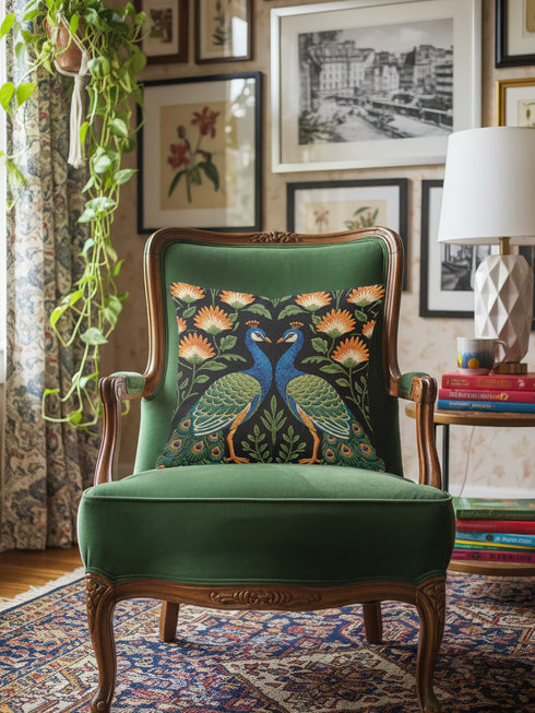 Close up of Grimoire and Goblet peacock pillow cover featuring a high-fidelity faux embroidery print. The design showcases two symmetrical peacocks in midnight charcoal and antique gold, facing each other in a medallion layout surrounded by rust and cream floral vines. The image details the printed illusion of hand-stitched tapestry texture on smooth, soft polyester fabric. Ideal for Dark Academia, Whimsigoth, and Art Nouveau vintage home decor styles. Double-sided print with hidden zipper.