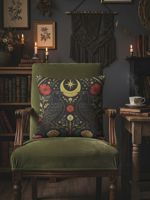 A square decorative pillow cover by Grimoire and Goblet featuring a symmetrical Dark Academia design on a charcoal background. Two black crows face each other beneath a gold crescent moon and eight-pointed star. The birds are flanked by rust-red and cream botanical flowers with sage green leaves. The artwork mimics the look of textured embroidery but is a smooth 2D print. The design is mirrored on both sides. Perfect for gothic decor.
