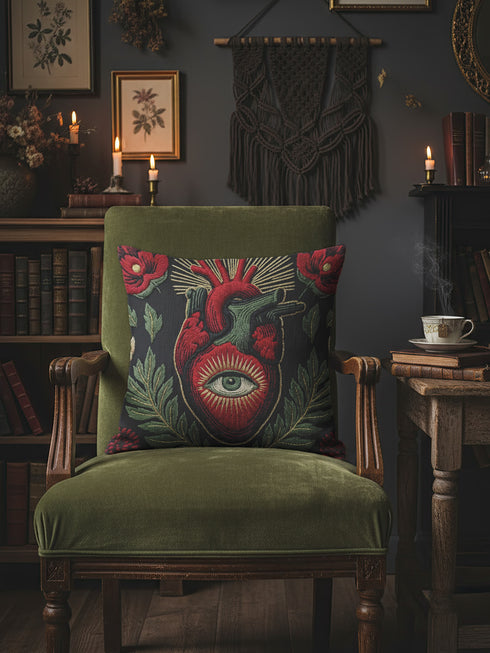 A black square pillowcase cover featuring a central anatomical heart in crimson red. Inside the heart is a large, detailed green eye surrounded by a golden sunburst. The heart is framed by lush green leaves and deep red poppy flowers. This trompe-l'œil print by Grimoire and Goblet creates a realistic embroidered illusion. Perfect for gothic or dark academia styling, the design combines medical illustration with mystical symbolism.
