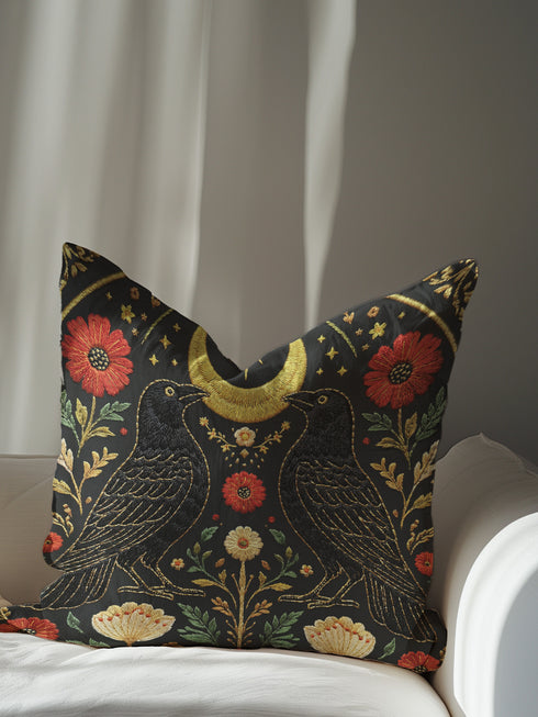 A square decorative pillow cover by Grimoire and Goblet featuring a symmetrical Dark Academia design on a charcoal background. Two black crows face each other beneath a gold crescent moon and eight-pointed star. The birds are flanked by rust-red and cream botanical flowers with sage green leaves. The artwork mimics the look of textured embroidery but is a smooth 2D print. The design is mirrored on both sides. Perfect for gothic decor.
