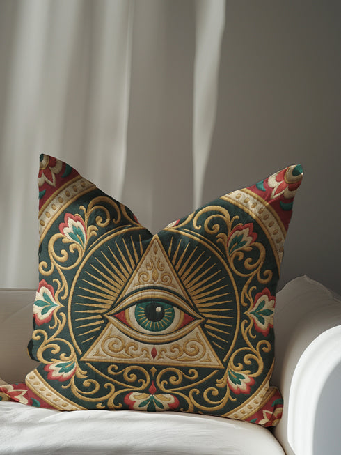 A square decorative pillowcase cover featuring a centralized, intricate medallion design printed on smooth, linen-like fabric. The prominent focal point is a large Eye of Providence, depicting a single eye inside a cream-colored triangle, backed by a golden radial sunburst. The design is framed by elaborate, Art Nouveau-style swirling floral filigree and vine motifs in shades of gold, deep red, and cream, all set against a rich, dark teal green background.