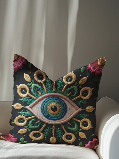 Square throw pillow cover featuring an intricate embroidered-style all-seeing eye motif at center, surrounded by ornate golden sunflowers, green foliage, and mystical botanical elements on a matte black background. Luxe linen-feel polyester fabric, hidden zipper, double-sided print, available in 18x18 or 22x22 inch sizes.