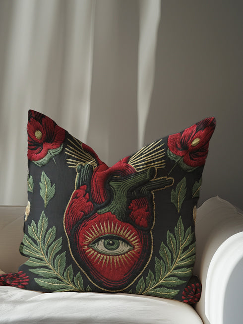 A black square pillowcase cover featuring a central anatomical heart in crimson red. Inside the heart is a large, detailed green eye surrounded by a golden sunburst. The heart is framed by lush green leaves and deep red poppy flowers. This trompe-l'œil print by Grimoire and Goblet creates a realistic embroidered illusion. Perfect for gothic or dark academia styling, the design combines medical illustration with mystical symbolism.