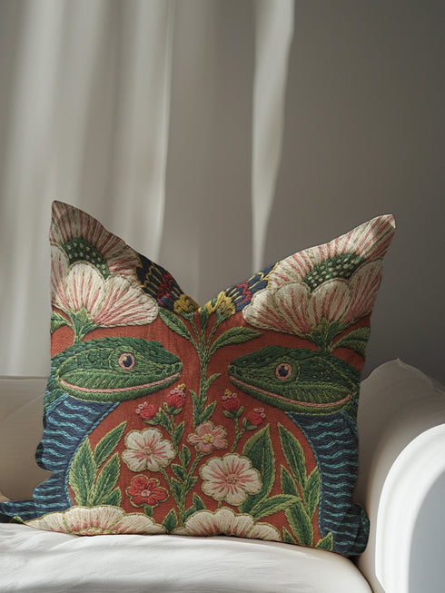 A square throw pillow cover featuring a maximalist botanical serpent illustration in a moody dark academia style. The design depicts a detailed snake with intricate scales winding through a lush arrangement of vintage-style flowers and nocturnal foliage. The color palette is dominated by deep forest greens, muted charcoal, and earthy floral tones, creating a psychedelic yet sophisticated aesthetic. This high-quality polyester cushion cover has a smooth, flat texture and a concealed zipper for a seamless fin