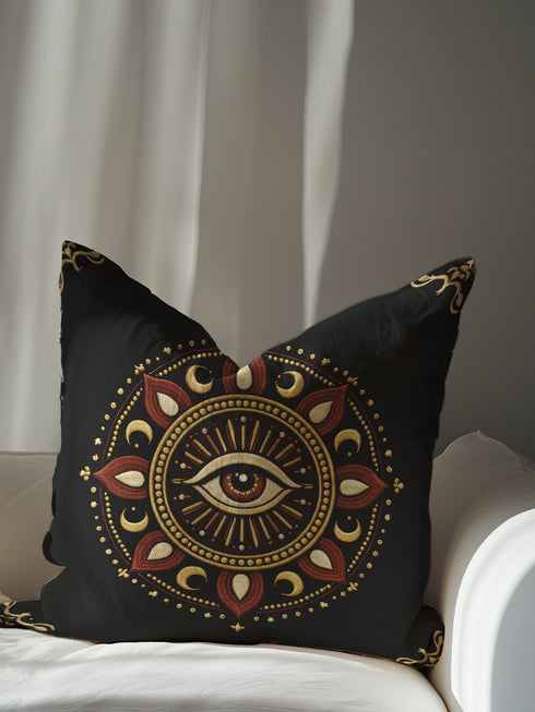Evil Eye Mandala Art Pillow Cover: Faux Embroidery Print for Dark Academia & Whimsigoth Decor