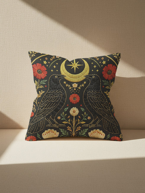 A square decorative pillow cover by Grimoire and Goblet featuring a symmetrical Dark Academia design on a charcoal background. Two black crows face each other beneath a gold crescent moon and eight-pointed star. The birds are flanked by rust-red and cream botanical flowers with sage green leaves. The artwork mimics the look of textured embroidery but is a smooth 2D print. The design is mirrored on both sides. Perfect for gothic decor.