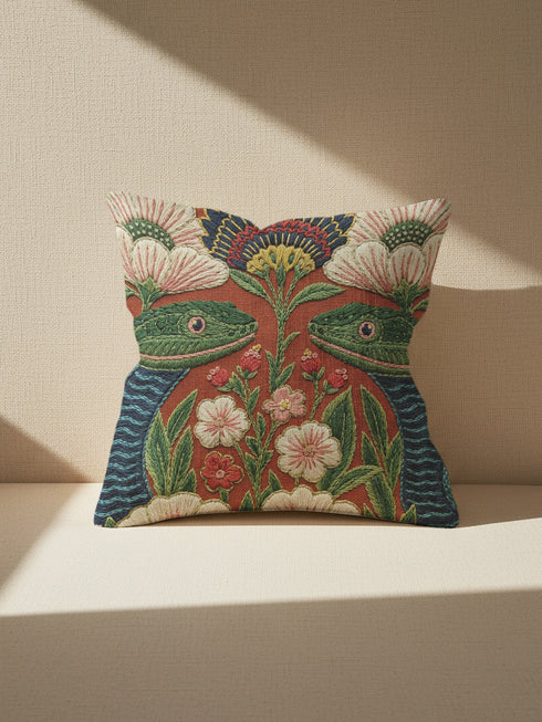 A square throw pillow cover featuring a maximalist botanical serpent illustration in a moody dark academia style. The design depicts a detailed snake with intricate scales winding through a lush arrangement of vintage-style flowers and nocturnal foliage. The color palette is dominated by deep forest greens, muted charcoal, and earthy floral tones, creating a psychedelic yet sophisticated aesthetic. This high-quality polyester cushion cover has a smooth, flat texture and a concealed zipper for a seamless fin