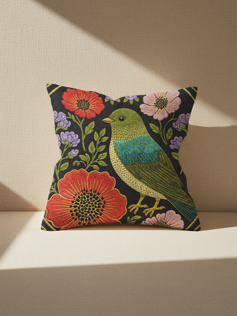 Square decorative pillow cover with a near-black ground and a richly colored Art Nouveau botanical design rendered in a faux embroidery style. At the center perches a songbird with an olive and chartreuse body, a teal wing patch, and golden-yellow beak and feet. Around it bloom large red-orange poppies with golden centers, clusters of lilac and lavender flowers, and pale pink daisy-like blossoms among green leaves. The printed satin-stitch detailing mimics dense hand embroidery across the cover.