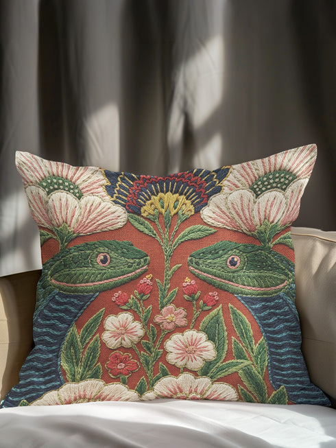 A square throw pillow cover featuring a maximalist botanical serpent illustration in a moody dark academia style. The design depicts a detailed snake with intricate scales winding through a lush arrangement of vintage-style flowers and nocturnal foliage. The color palette is dominated by deep forest greens, muted charcoal, and earthy floral tones, creating a psychedelic yet sophisticated aesthetic. This high-quality polyester cushion cover has a smooth, flat texture and a concealed zipper for a seamless fin