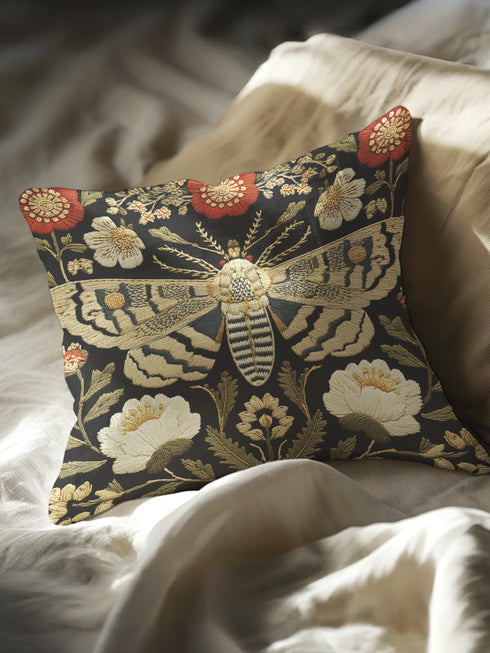 A square decorative throw pillow cover with a dark charcoal background, creating a moody and gothic aesthetic. The design features a large, centrally-placed moth with intricate beige, cream, and blue-grey wings, printed with a high-quality faux embroidered look. Symmetrical botanical elements, including red poppies, white flowers, and green foliage, surround the moth in a style reminiscent of Victorian entomology art.