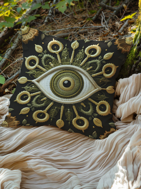 Square pillow cover featuring a central gold embroidered all-seeing eye design, surrounded by ornate botanical and sunflower-inspired motifs in gold, olive, and ochre on a black background. Made from premium linen-feel polyester, double-sided print, hidden zipper closure, available in 18x18 or 22x22 inch sizes, machine washable.