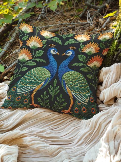 Close up of Grimoire and Goblet peacock pillow cover featuring a high-fidelity faux embroidery print. The design showcases two symmetrical peacocks in midnight charcoal and antique gold, facing each other in a medallion layout surrounded by rust and cream floral vines. The image details the printed illusion of hand-stitched tapestry texture on smooth, soft polyester fabric. Ideal for Dark Academia, Whimsigoth, and Art Nouveau vintage home decor styles. Double-sided print with hidden zipper.