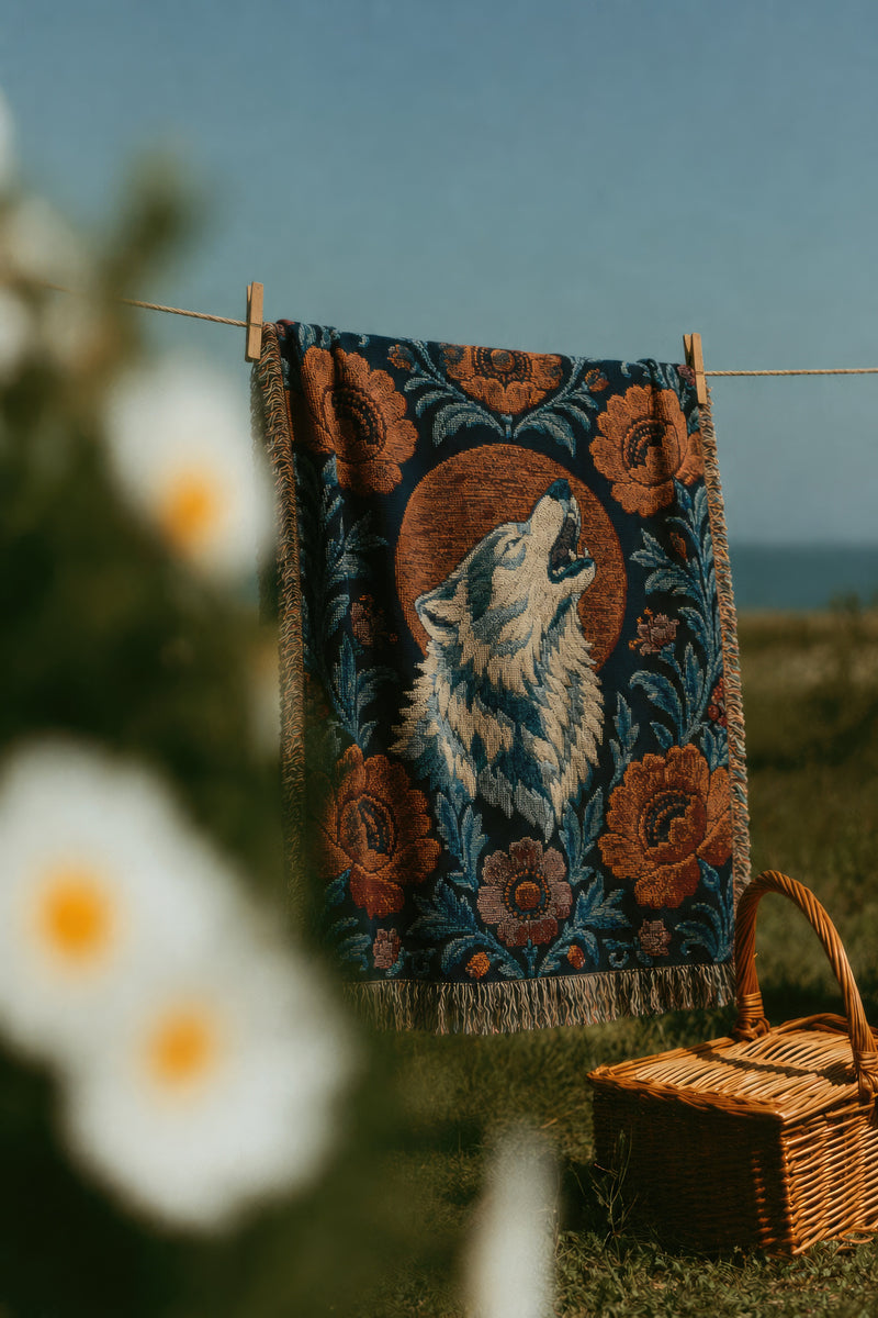 Dark Cottagecore Wolf Woven Blanket | Nordic Folk Art | Cotton