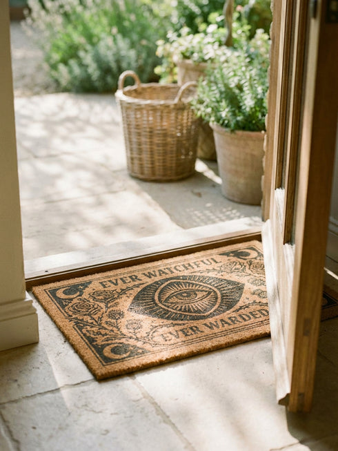A premium 24x16 inch Grimoire and Goblet Warding Entry Mat featuring a centralized All-Seeing Eye medallion in high-contrast black vinyl on natural tan coconut coir. The design includes radial sunbursts, crescent moons, stars, and botanical roses and thistles. Serif text reads EVER WATCHFUL and EVER WARDED. The rug features a heavy-duty black vinyl backing for weather-resistant stability. Perfect for a luxury Victorian Gothic or Dark Academia entryway sanctuary.