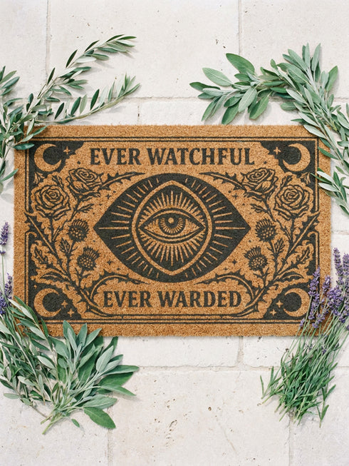 A premium 24x16 inch Grimoire and Goblet Warding Entry Mat featuring a centralized All-Seeing Eye medallion in high-contrast black vinyl on natural tan coconut coir. The design includes radial sunbursts, crescent moons, stars, and botanical roses and thistles. Serif text reads EVER WATCHFUL and EVER WARDED. The rug features a heavy-duty black vinyl backing for weather-resistant stability. Perfect for a luxury Victorian Gothic or Dark Academia entryway sanctuary.