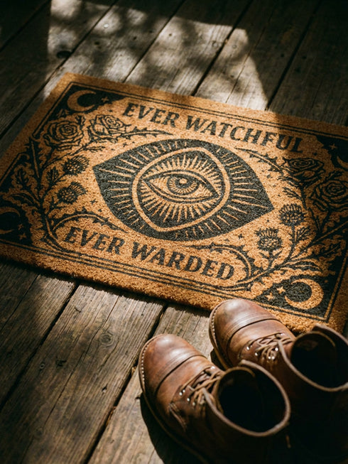A premium 24x16 inch Grimoire and Goblet Warding Entry Mat featuring a centralized All-Seeing Eye medallion in high-contrast black vinyl on natural tan coconut coir. The design includes radial sunbursts, crescent moons, stars, and botanical roses and thistles. Serif text reads EVER WATCHFUL and EVER WARDED. The rug features a heavy-duty black vinyl backing for weather-resistant stability. Perfect for a luxury Victorian Gothic or Dark Academia entryway sanctuary.