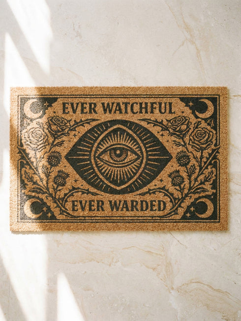 A premium 24x16 inch Grimoire and Goblet Warding Entry Mat featuring a centralized All-Seeing Eye medallion in high-contrast black vinyl on natural tan coconut coir. The design includes radial sunbursts, crescent moons, stars, and botanical roses and thistles. Serif text reads EVER WATCHFUL and EVER WARDED. The rug features a heavy-duty black vinyl backing for weather-resistant stability. Perfect for a luxury Victorian Gothic or Dark Academia entryway sanctuary.