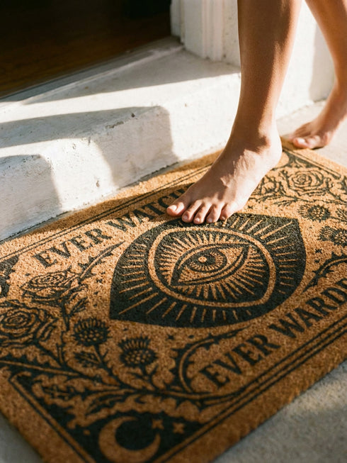 A premium 24x16 inch Grimoire and Goblet Warding Entry Mat featuring a centralized All-Seeing Eye medallion in high-contrast black vinyl on natural tan coconut coir. The design includes radial sunbursts, crescent moons, stars, and botanical roses and thistles. Serif text reads EVER WATCHFUL and EVER WARDED. The rug features a heavy-duty black vinyl backing for weather-resistant stability. Perfect for a luxury Victorian Gothic or Dark Academia entryway sanctuary.
