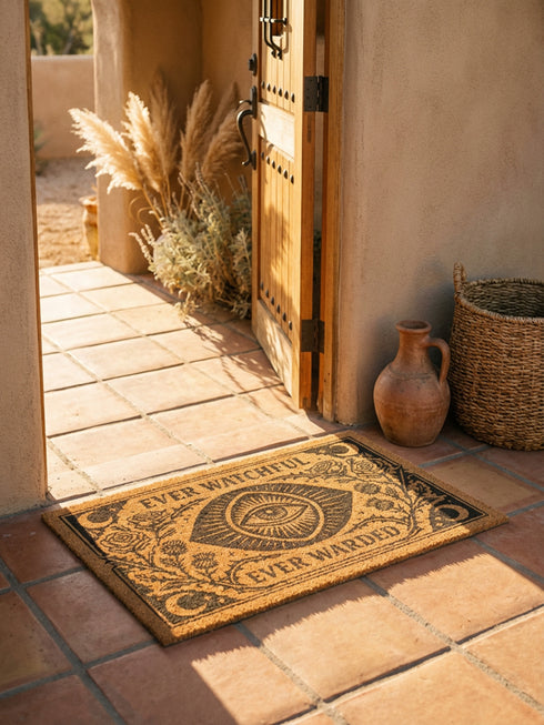 A premium 24x16 inch Grimoire and Goblet Warding Entry Mat featuring a centralized All-Seeing Eye medallion in high-contrast black vinyl on natural tan coconut coir. The design includes radial sunbursts, crescent moons, stars, and botanical roses and thistles. Serif text reads EVER WATCHFUL and EVER WARDED. The rug features a heavy-duty black vinyl backing for weather-resistant stability. Perfect for a luxury Victorian Gothic or Dark Academia entryway sanctuary.