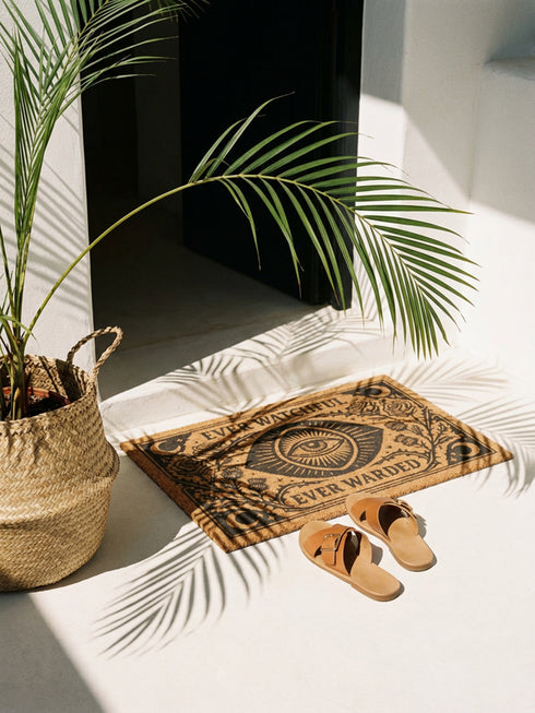 A premium 24x16 inch Grimoire and Goblet Warding Entry Mat featuring a centralized All-Seeing Eye medallion in high-contrast black vinyl on natural tan coconut coir. The design includes radial sunbursts, crescent moons, stars, and botanical roses and thistles. Serif text reads EVER WATCHFUL and EVER WARDED. The rug features a heavy-duty black vinyl backing for weather-resistant stability. Perfect for a luxury Victorian Gothic or Dark Academia entryway sanctuary.