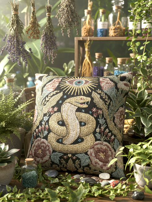 Grimoire and Goblet Celestial Serpent woven tapestry pillow close up. A luxurious black jacquard cushion features a golden coiled snake and All-Seeing Eye surrounded by sage green foliage and stars. The texture is thick and woven, not printed. The serpent scales shimmer in gold thread against a dark charcoal background. Double sided Gothic home decor pillow measuring 17x18 inches. Perfect for Dark Academia, Whimsigoth living rooms, and Year of the Snake 2025 decor.