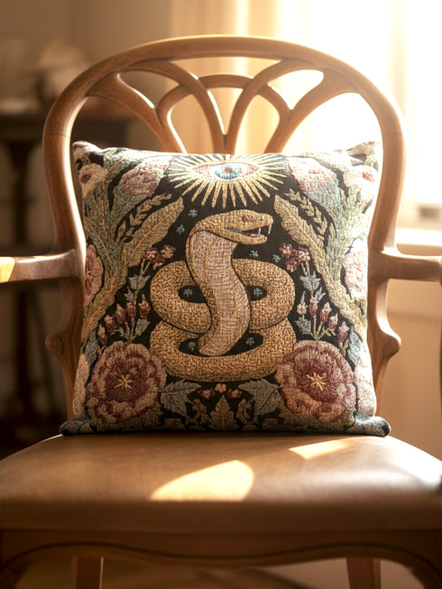 Grimoire and Goblet Celestial Serpent woven tapestry pillow close up. A luxurious black jacquard cushion features a golden coiled snake and All-Seeing Eye surrounded by sage green foliage and stars. The texture is thick and woven, not printed. The serpent scales shimmer in gold thread against a dark charcoal background. Double sided Gothic home decor pillow measuring 17x18 inches. Perfect for Dark Academia, Whimsigoth living rooms, and Year of the Snake 2025 decor.