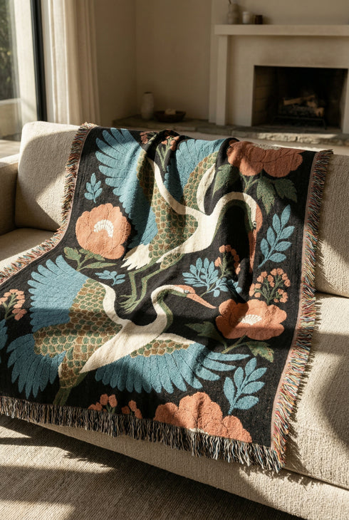 Chinoiserie Crane Woven Blanket, Bird Lover Housewarming Gift, Dark Academia Botanical Wall Tapestry