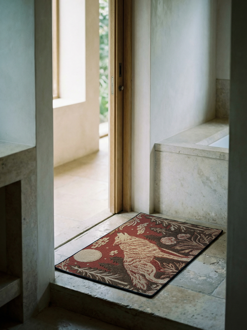 A rectangular Grimoire and Goblet doormat featuring a howling wolf standing in a dark forest under a full cream moon. The design utilizes a rust red and deep brown color palette with a high-fidelity 2D print technique that mimics the texture of vintage tapestry needlepoint. Stylized pine trees and forest flora surround the wolf. The mat has black trim and is made of smooth polyester, creating a rustic cottagecore aesthetic without actual raised threads or embroidery.