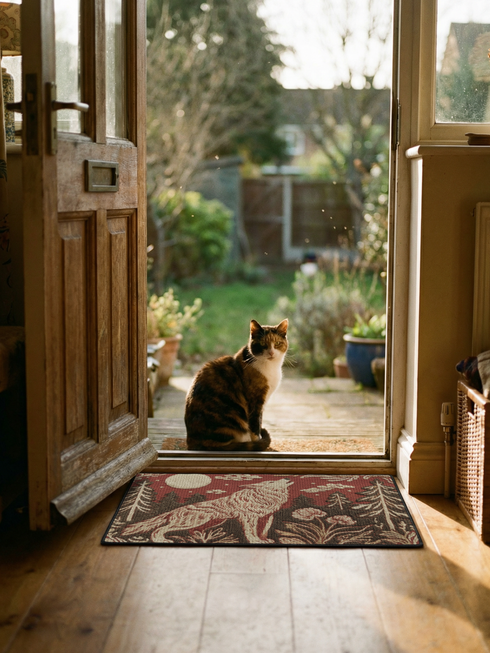 A rectangular Grimoire and Goblet doormat featuring a howling wolf standing in a dark forest under a full cream moon. The design utilizes a rust red and deep brown color palette with a high-fidelity 2D print technique that mimics the texture of vintage tapestry needlepoint. Stylized pine trees and forest flora surround the wolf. The mat has black trim and is made of smooth polyester, creating a rustic cottagecore aesthetic without actual raised threads or embroidery.