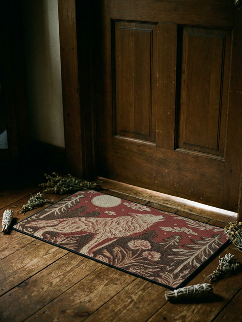 A rectangular Grimoire and Goblet doormat featuring a howling wolf standing in a dark forest under a full cream moon. The design utilizes a rust red and deep brown color palette with a high-fidelity 2D print technique that mimics the texture of vintage tapestry needlepoint. Stylized pine trees and forest flora surround the wolf. The mat has black trim and is made of smooth polyester, creating a rustic cottagecore aesthetic without actual raised threads or embroidery.