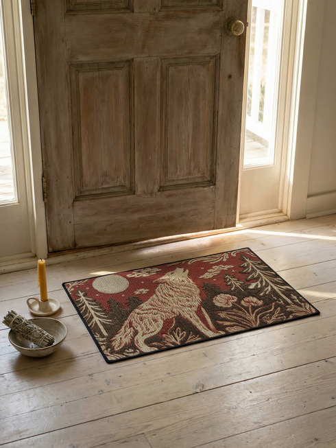 A rectangular Grimoire and Goblet doormat featuring a howling wolf standing in a dark forest under a full cream moon. The design utilizes a rust red and deep brown color palette with a high-fidelity 2D print technique that mimics the texture of vintage tapestry needlepoint. Stylized pine trees and forest flora surround the wolf. The mat has black trim and is made of smooth polyester, creating a rustic cottagecore aesthetic without actual raised threads or embroidery.