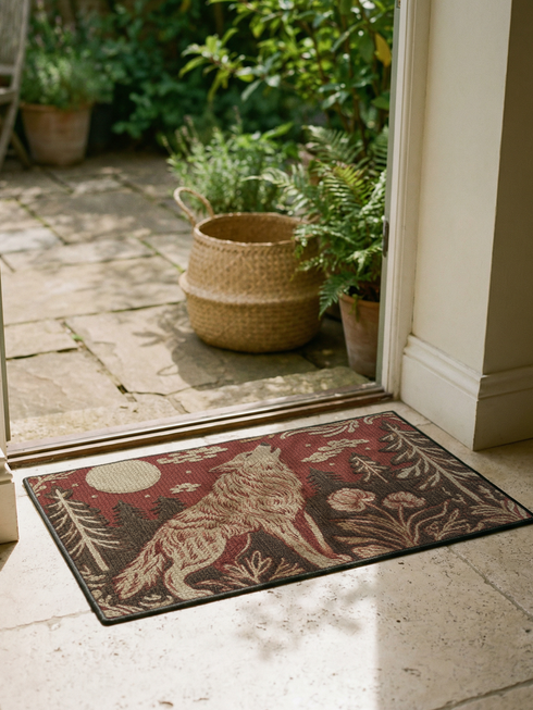 A rectangular Grimoire and Goblet doormat featuring a howling wolf standing in a dark forest under a full cream moon. The design utilizes a rust red and deep brown color palette with a high-fidelity 2D print technique that mimics the texture of vintage tapestry needlepoint. Stylized pine trees and forest flora surround the wolf. The mat has black trim and is made of smooth polyester, creating a rustic cottagecore aesthetic without actual raised threads or embroidery.