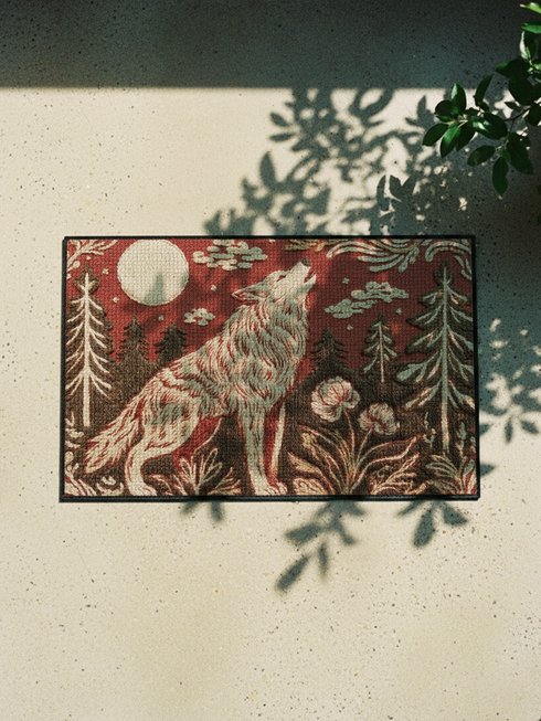 A rectangular Grimoire and Goblet doormat featuring a howling wolf standing in a dark forest under a full cream moon. The design utilizes a rust red and deep brown color palette with a high-fidelity 2D print technique that mimics the texture of vintage tapestry needlepoint. Stylized pine trees and forest flora surround the wolf. The mat has black trim and is made of smooth polyester, creating a rustic cottagecore aesthetic without actual raised threads or embroidery.