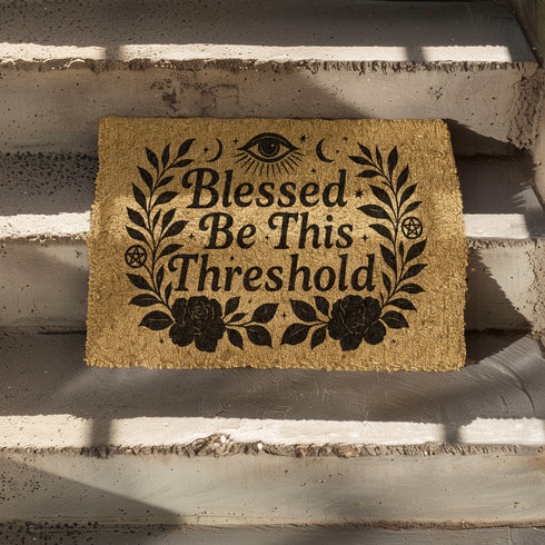 Eco-friendly coir doormat with mystical black print reading “Blessed Be This Threshold,” featuring occult symbols like crescent moons, pentacles, all-seeing eye, and roses, styled on various front steps and entryways including outdoor stoops and interiors with pets, ideal for witchy home décor and spiritual gifting.