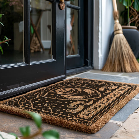 A rectangular eco-friendly coir doormat measuring 24 by 16 inches displayed on a stone porch. The natural golden-brown coconut fiber mat features a bold black graphic design of a heraldic bear head centered on a medieval knight's shield. Above and below the shield, Gothic-style typography reads BLESSED WITHIN THESE WALLS. The mat has a durable black vinyl non-slip backing. Ideal for Castlecore, Dark Academia, and Grimoire and Goblet style gothic home decor themes.