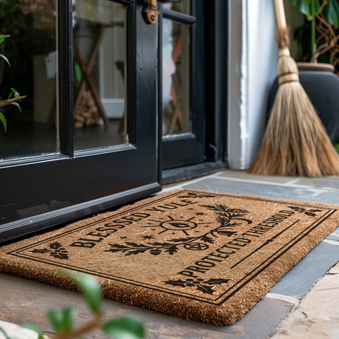 A rectangular tufted coir doormat with a non-slip black vinyl backing, features an intricate gothic botanical design in black. At the top, it reads "BLESSED YULE" with holly motifs in the corners. In the center, a laurel wreath, intertwined with a pentacle and a bell, encircles a radiant candle. Below the wreath rests a pinecone. At the bottom, the text "PROTECTED THRESHOLD" is flanked by holly. This pagan and witchy Grimoire and Goblet design is perfect for a gothic or dark academia entryway.
