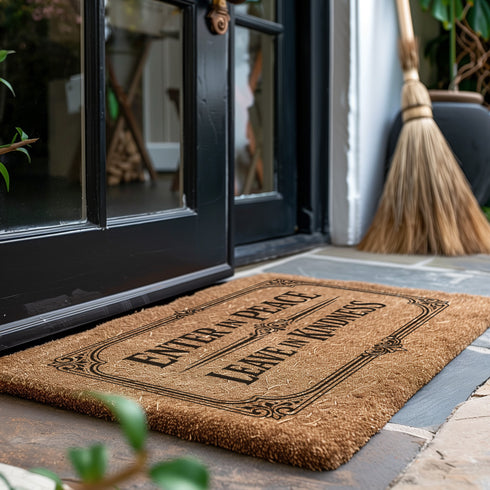 A high-angle close-up view of a Grimoire and Goblet luxury coir doormat. The mat features the phrase Enter in Peace Leave in Kindness painted in bold, Gothic-style black typography against the natural golden-brown texture of coconut husks. The text is enclosed in an intricate Victorian ornamental border with filigree corner flourishes. The texture appears coarse, durable, and dense, typical of high-quality tufted coconut fiber entry mats. The design evokes a Dark Academia and witchy aesthetic.