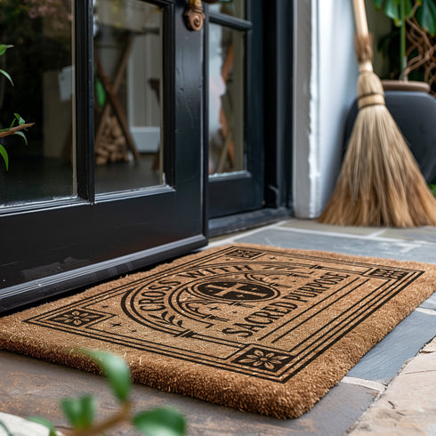 A rectangular eco-friendly coir doormat measuring 24×16 inches, shown on a dark stone entryway. Crafted from natural coconut fiber with a weather-resistant texture to grip dirt. Printed in bold black ink, it features a detailed Christian Gothic design: a central cross within an ornate circle, framed by cathedral arches. The top reads “CROSS WITH,” the bottom “SACRED PURPOSE,” all enclosed by a floral gothic border. Includes a black vinyl non-slip backing.